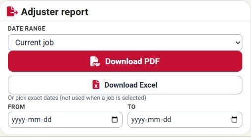 Adjuster report panel with PDF and Excel download