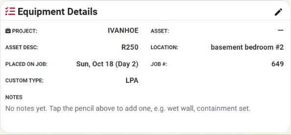 Equipment details panel